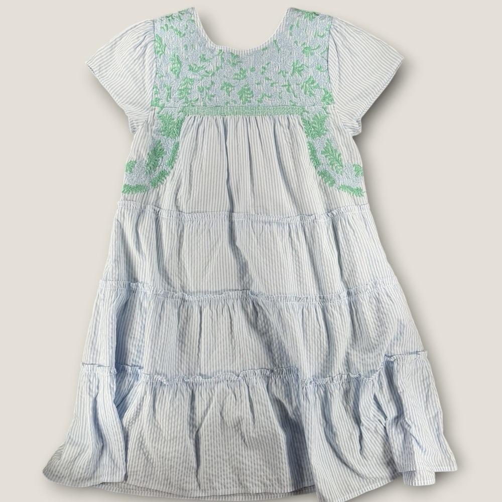 J. Marie XS Blue White Seersucker Embroidered Tiered Smock Mini Dress JM1804